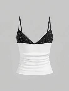 ROMWE Grunge Punk Sexy Halloween Dark Punk Rivet Patchwork Women Top - Black and White - View 3