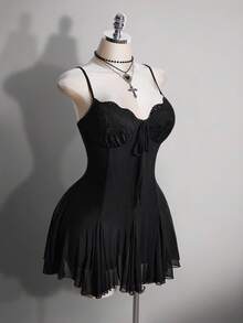 SHEIN ICON 女款大尺碼蕾絲拼接黑色細肩帶洋裝 - 黑色 - 查看 5