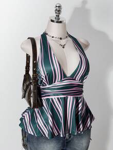 SHEIN ICON 女款大尺碼粉綠條紋掛脖上衣 - 彩色 - 查看 12