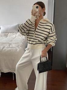 Dazy Tall Women's Loose Striped Casual Pullover Sweater Fall - Black and White - View 8