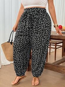 SHEIN CURVE+ 大尺碼休閒全印花寬鬆抽繩長褲，夏季長褲，秋冬 2026 22W - 彩色 - 查看 2