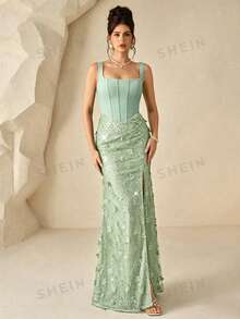 Coutiva 女款亮片刺繡拼接扭繩亂邊開衩正式晚禮服（重工款） - 綠色 - 查看 6