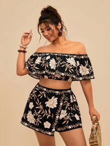 Travachic TRVLCHIC Plus Size Floral Print Off Shoulder Cropped Top And Wrap Shorts 2-Piece Set, Casual Boho Holiday Two Piece Women Brunch Outfit Summer Black - Multicolor - View 4