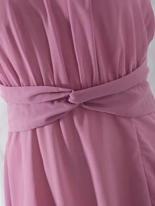 SHEIN Tween Girls Elegant Back To School Party Summer Dusty Pink Chiffon Rnd Neck Twisted Waist Dress Sixth Form,Graduation,Party - Dusty Pink - View 5