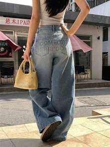 DAZY Atasan Jeans Kasual Gaya Korea Longgar Berhiaskan Rhinestone untuk Wanita - Biru - View 1