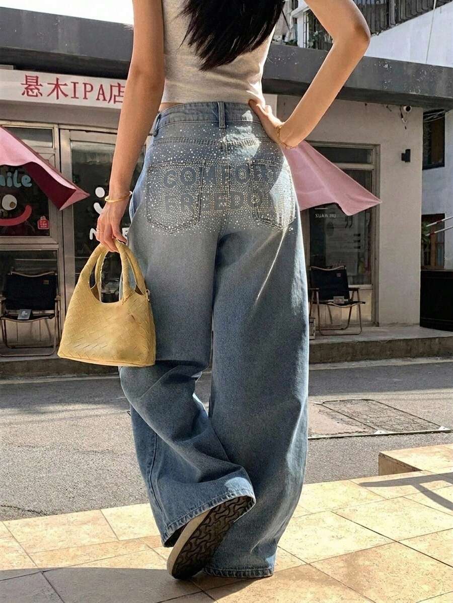 DAZY Atasan Jeans Kasual Gaya Korea Longgar Berhiaskan Rhinestone untuk Wanita - Biru - View 1