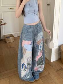 DAZY Women's Korean Style Plaid Gradient Streetwear Loose Versatile Fresh Spring Summer Denim Jeans Cute Tops - Blue - View 7