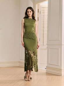 Anewsta Vintage Hollow Crochet Lace Patchwork Sleeveless Set For Women, Waist-Cinching Top And Slim Fit Elegant A-Line Midi Skirt, 2-Piece Outfit - Olive Green - View 5