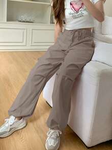DAZY Drawstring Waist & Slant Pocket Design Pants - Brown - View 2
