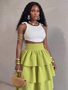 BamGlimmer Plus Size Women's High Waist Green Multi-Layer Ruffle Skirt, Suitable For Casual, Party, Daily Commute - Green - View 7