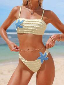 Bonvoyette Summer Beach Vacation Viral Women's Bandeau Top With Detachable Straps, Starfish Embellishment, Special Random Fabric Texture, High-Cut Bottoms - Yellow - View 1