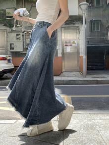 DAZY Falda casual de mujer de estilo coreano asimétrica de denim lavado para la escuela - Azul - Ver 5
