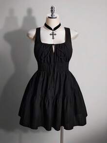 SHEIN ICON 女款大尺碼純色百褶休閒日常夏季洋裝 - 黑色 - 查看 3