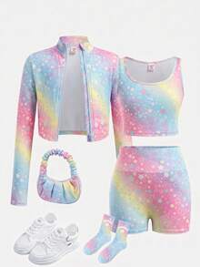 SHEIN 少女拉鍊前開襟圖案印花貼身運動套裝 - 彩色 - 查看 3