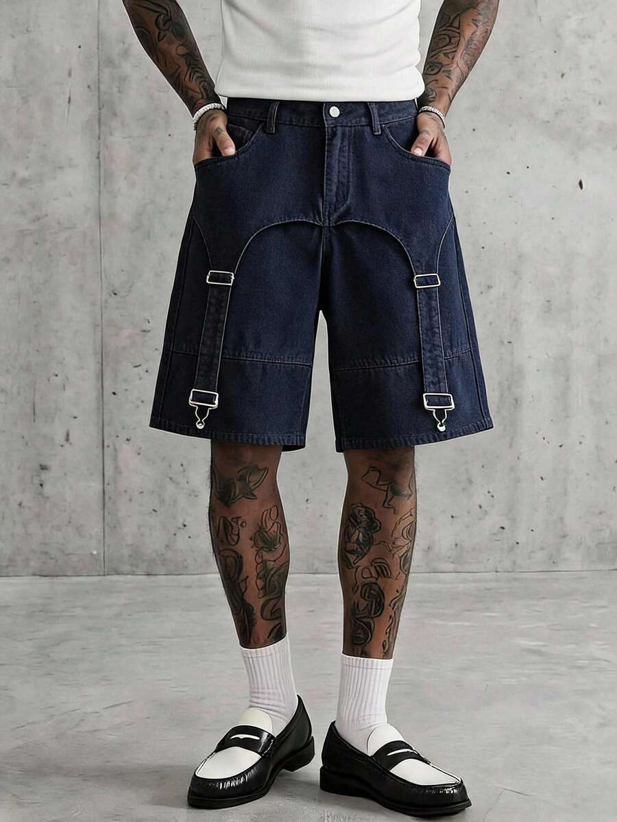 AXEPEAK Men's Washed Blue Brand Gourd Button Decor Shorts - Blue - View 1
