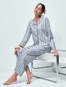 Softvol 2件套女士宽松舒适透气条纹长袖上衣和裤子家居服套装，舒适保暖，秋冬服装 - 灰色 - 查看 9