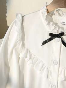 SHEIN Lace Ruffle Girls' Blouse | Puff Sleeve | Button-Down | Daily & School Ready - White - View 3