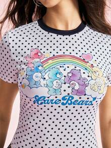 SHEIN X Care Bears Camiseta de manga corta con estampado de lunares y dibujos animados para mujer, - Blanco y Negro - Ver 6