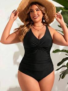 Swim Lushoire Conjunto de Tankini de unicolor para Mujer Talla Grande con Top de Camisola para Playa de Verano - Negro - Ver 5