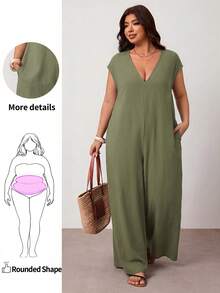 Enliva Plus Size Black Cotton Jumpsuit With Loose V-Neck And Pockets - Army Green - View 1