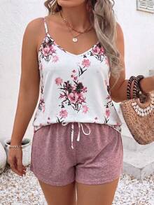 EMERY ROSE Women's Spring/Summer New Hot-Selling Large Floral Print Pattern, Matching Top And Pants With Color-Coordinated Contrast Design, Casual Versatile Plus Size 2-Piece Set - Multicolor - View 1