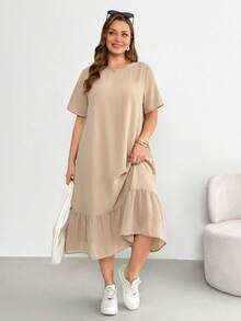 Shapeblank Plus-Size Women's Spring/Summer Fashion Casual Loose Comfortable Everyday Basic Versatile Slimming Black Short-Sleeved Chiffon Patchwork Mid-Length Dress,Summer Outfits,Pocket Dress,Simple Style - Apricot - View 3
