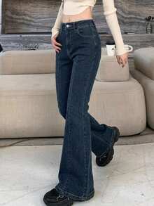Dazy Designer Women's Mid Rise Flared Jeans - Dark Wash - View 7
