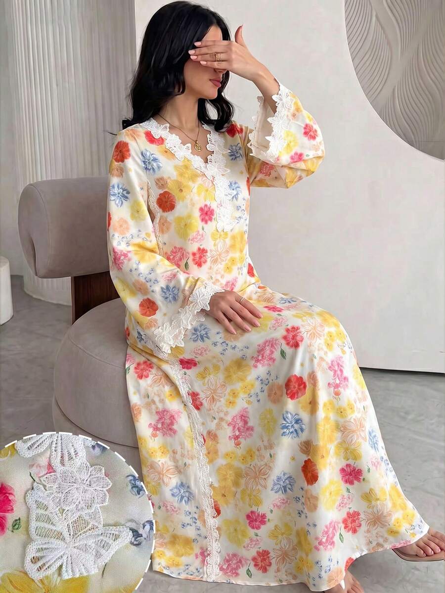 Yasmyna V領刺繡貼花粉色寬鬆休閒長袖喇叭袖優雅長袍