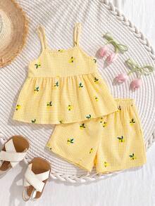 SHEIN Elladie kids 少女（小码）蓝格子樱桃印花吊带背心短裤两件套，清爽舒适，适合夏季出游 - 黃色 - 查看 3