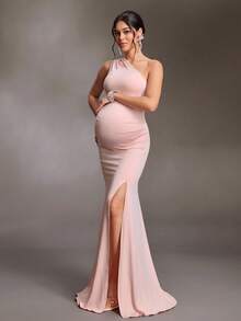 Cheriluna Maternity Elegante vestido de maternidad de un solo hombro para sesión de fotos, vestido largo de noche ajustado de tela brillante con abertura, para sesión de fotos de baby shower, fucsia rosa, verano - Rosa - Ver 4