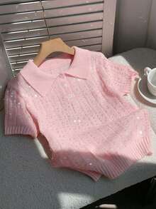GalTyme Plus Size Sequin Decor Short Sleeve Sweater, Casual For Spring & Summer Fall - Pink - View 3