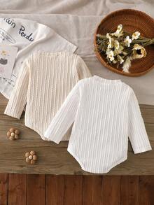 SHEIN Vintaside Kids 兒童扭紋長袖內搭衫 春/秋圓領內層底層 嬰兒連身衣 - 白色 - 查看 2