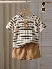 2pcs Boys Spring/Summer Striped Textured Short Sleeve Shirt & Shorts Set, Family Gathering, Beach Vacation - Multicolor - View 1