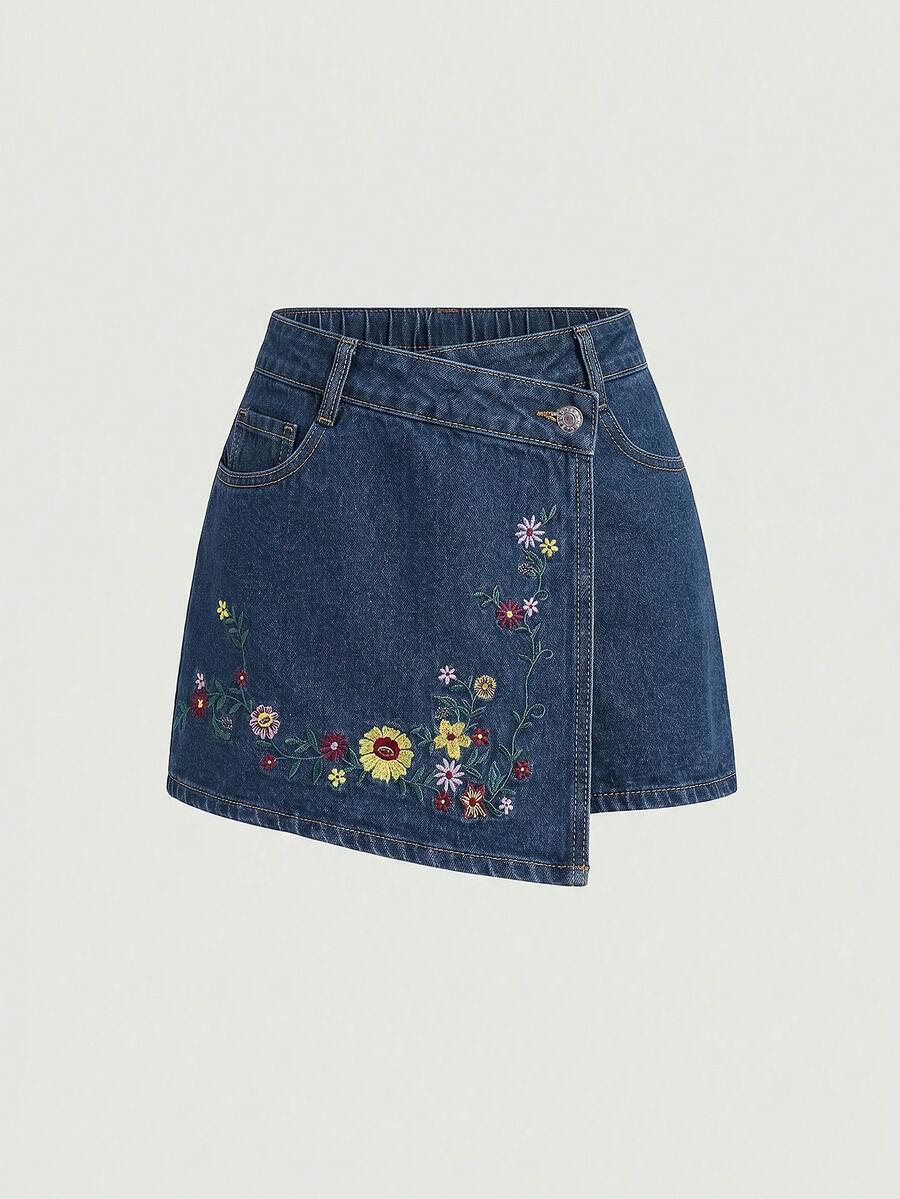 SHEIN Essnce 大尺碼時尚刺繡鈕扣口袋不對稱下擺牛仔裙褲 - 藍色 - 查看 1