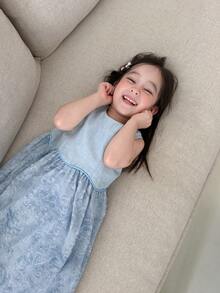 DAZY Infant/Toddler (Girl) Round Neck Sleeveless Patchwork Korean Style Spring/Summer Dress - Blue - View 6