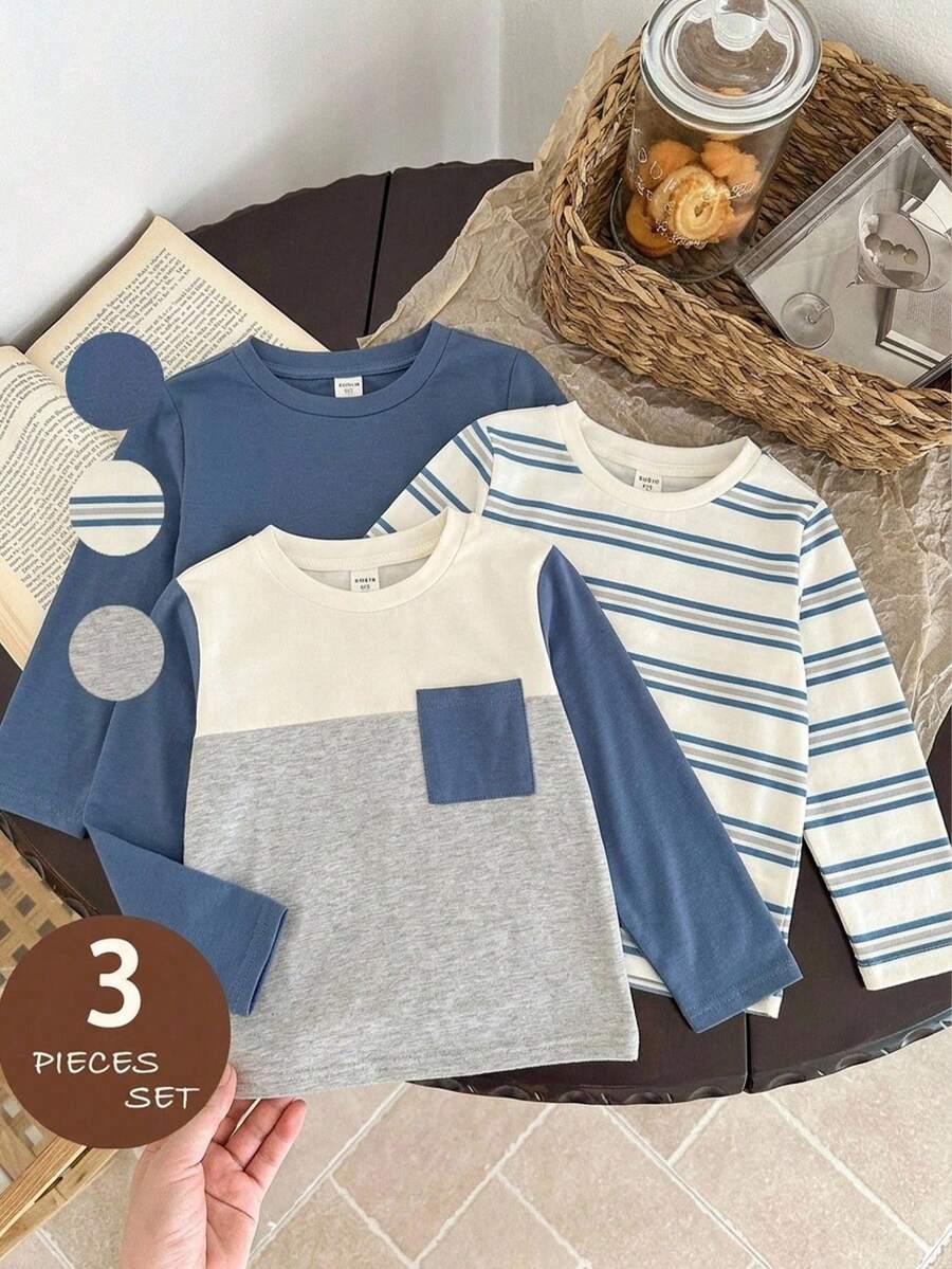 SHEIN 3pcs/Sets Young Boys Young Girls Casual College Style Solid Color Versatile Color Block Striped Crew Neck Long Sleeve T-Shirt Multi-Piece Set Comfortable Versatile Suitable For Outings Home Suitable For Spring Summer Autumn Winter Seasons Suitable For Campus Suitable For Parties Suitable For Holidays Suitable For New Year - Multicolor - View 1