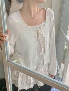 Dazy Plus Cardigan Kasual Lengan Panjang Warna Polos dengan Ikatan Depan, Motif Polkadot Kecil Modis, dan Hiasan Rumbai, Camisole Panjang, Set 2 Potong untuk Musim Semi, Musim Panas, Musim Gugur, Atasan yang Lucu - Aprikot - View 1