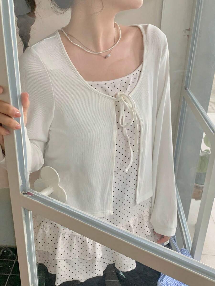 Dazy Plus Cardigan Kasual Lengan Panjang Warna Polos dengan Ikatan Depan, Motif Polkadot Kecil Modis, dan Hiasan Rumbai, Camisole Panjang, Set 2 Potong untuk Musim Semi, Musim Panas, Musim Gugur, Atasan yang Lucu - Aprikot - View 1