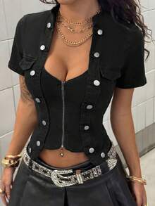 StreetHx Women's Fashion Sexy Front Zipper Denim Top - Black - View 1