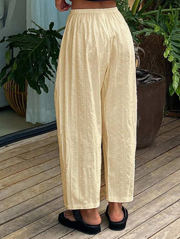 Livesso Spring Summer Autumn Solid Color Textured Fabric Loose Women's Pajama Bottoms - Yellow - View 2
