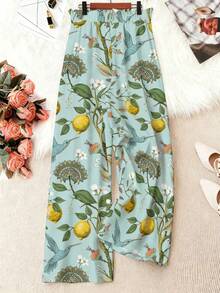 EMERY ROSE 2026 Spring/Summer New Bohemian Style Plus Size Women's Pants - Lemon Hummingbird Floral Print High Waist Wide Leg Woven Pants, Plus Size Pants Fall - Multicolor - View 2