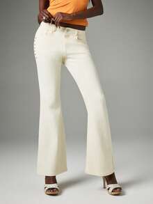 BABYPHAT Bootcut Stretch Jeans With Stud Detailing, Embroidered Cat Logo, Low Rise Flare Leg Denim - Beige - View 5