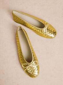 Rosivie Women's Woven Ballet Flats, Round Toe Bow Decoration Casual Soft Sole Slip-On Daily Walking Flats - Gold - View 6