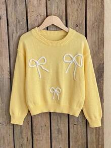 SHEIN Genkimix Kids 青少年女孩毛衣，奶油黃圓領套頭衫，3D刺繡白色蝴蝶結，柔軟針織上衣，可愛甜美極簡長袖，適合秋冬居家、外出、派對、拍照、戶外玩耍 - 黃色 - 查看 4