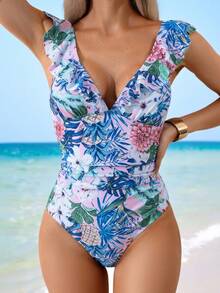 Swim Vcay 女款花卉隨機印花荷葉邊繫帶連身泳衣，適合夏季海灘度假派對穿著 - 彩色 - 查看 3