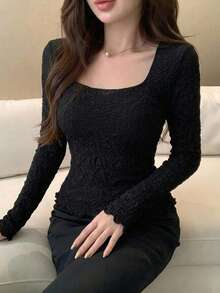 DAZY 夏秋休閒黑色蕾絲修身優雅女款上衣 T恤上衣 適合婚禮宴會晚宴襯衫 - 黑色 - 查看 3