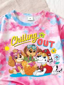 SHEIN | PAW Patrol GraphicGems 女童夏季2件套 粉藍漸染可愛卡通印花短袖上衣與短褲 - 粉色 - 查看 5