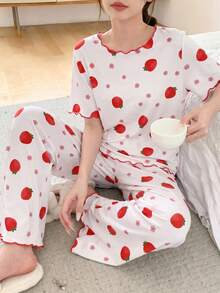 Genkimix Kids Tween Girls Pajamas Summer Sweet Red Strawberry Print Knit Round Neck Contrast Color Frill Trim 2 Pieces Set Loungewear Sleepwear - Multicolor - View 3