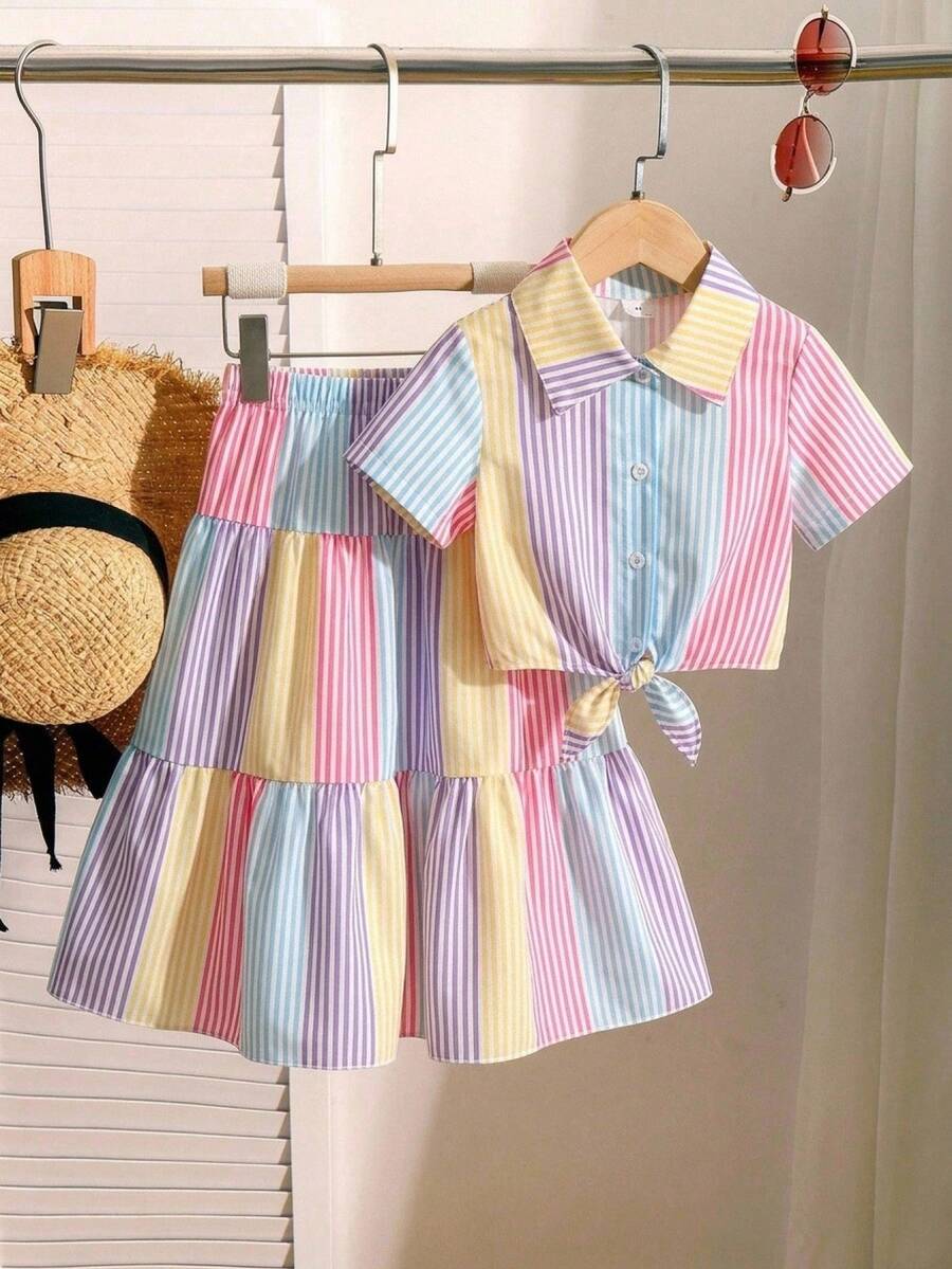 SHEIN Genkimix Kids 女童 2 件套多巴胺彩色條紋圖案結飾下擺領口襯衫與長裙，適合海灘度假夏季