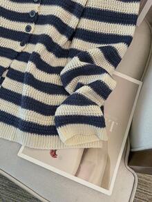 GlowEve CURVE Plus Size Casual Striped V-Neck Long Sleeve Button-Up Cardigan - Blue - View 6